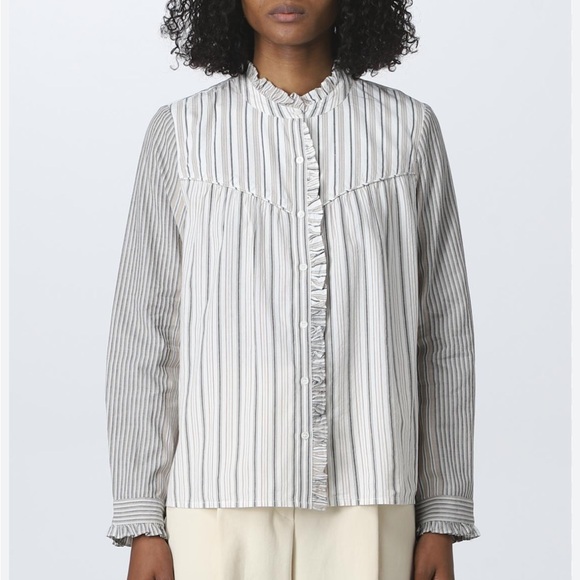 Ba&sh Luz Striped Button‎ Front Shirt Feminine Ruffle Detail Sz M 100% Cotton - Picture 9 of 11